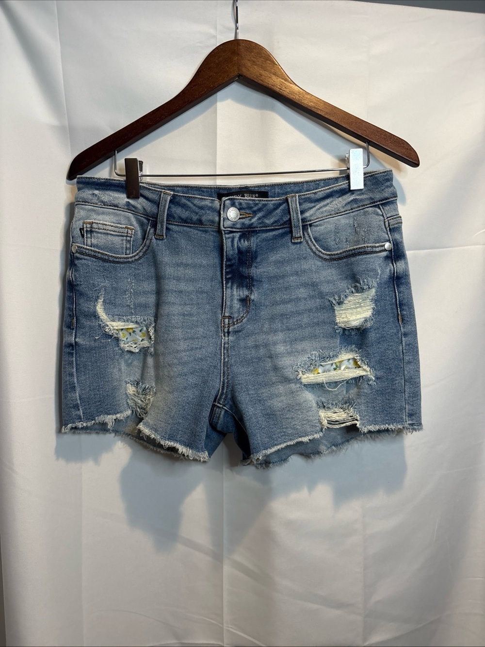 Judy Blue Light Wash Distressed Denim Shorts with Floral Underlay